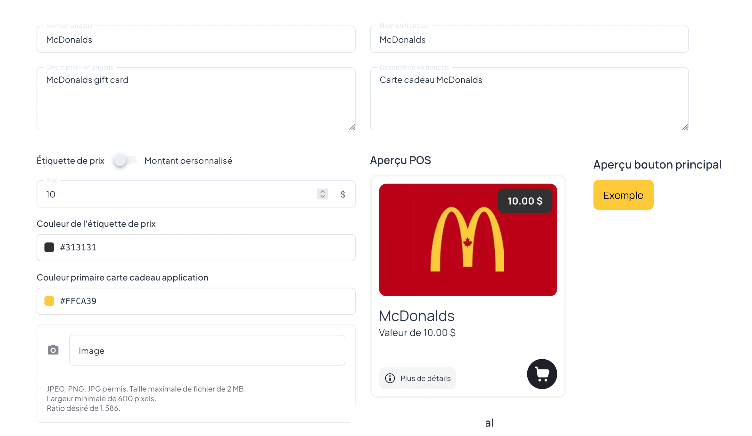 Le système permet de définir les paramètres propres à chaque fournisseur : image de marque, prix, format des cartes, source des codes, et plus encore selon leur programme de cartes-cadeaux respectif.